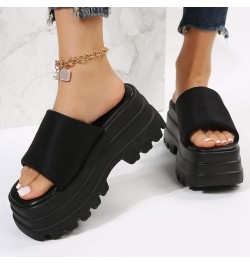 Ladies Fashion Summer Solid Color Cloth Open Toe Platform Thick Sole Sandals Women's Heeled Sandals Black $25.66 Sandals