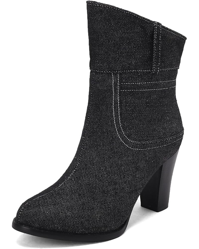 Block Heel Booties Pointed Toe Ankle Boots Mid Heel Prints Ankle Boots Black $25.47 Boots