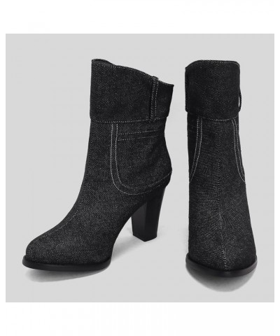 Block Heel Booties Pointed Toe Ankle Boots Mid Heel Prints Ankle Boots Black $25.47 Boots