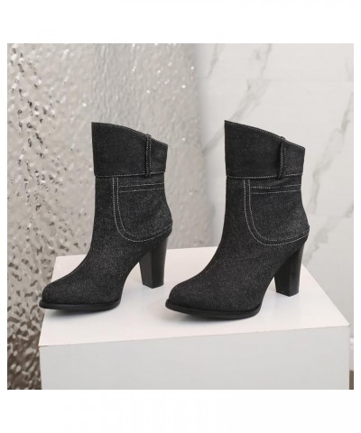 Block Heel Booties Pointed Toe Ankle Boots Mid Heel Prints Ankle Boots Black $25.47 Boots