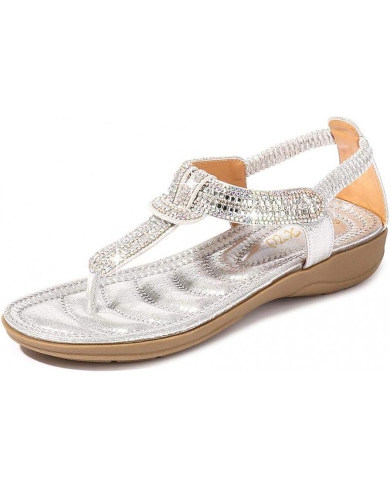 Summer Women's T-Shaped Rhinestone Beaded Sandals for Women Flip-Flops Beach Flat Slippers Flip Flops Tendon Bottom Silver $3...