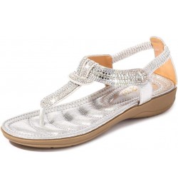 Summer Women's T-Shaped Rhinestone Beaded Sandals for Women Flip-Flops Beach Flat Slippers Flip Flops Tendon Bottom Silver $3...