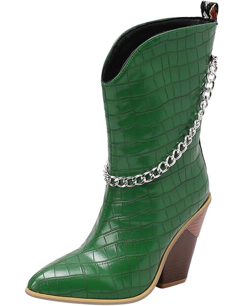 Cowboy Boots For Women Ladies Fashion Leather Metal Chain Decoration Pointed Thick High Heel Short Boots Green $30.71 Boots