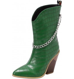 Cowboy Boots For Women Ladies Fashion Leather Metal Chain Decoration Pointed Thick High Heel Short Boots Green $30.71 Boots