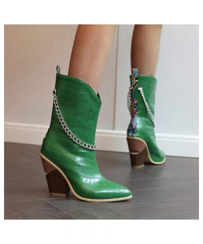 Cowboy Boots For Women Ladies Fashion Leather Metal Chain Decoration Pointed Thick High Heel Short Boots Green $30.71 Boots