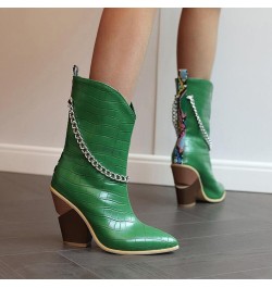 Cowboy Boots For Women Ladies Fashion Leather Metal Chain Decoration Pointed Thick High Heel Short Boots Green $30.71 Boots