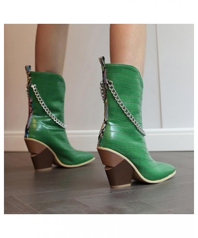 Cowboy Boots For Women Ladies Fashion Leather Metal Chain Decoration Pointed Thick High Heel Short Boots Green $30.71 Boots