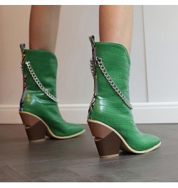 Cowboy Boots For Women Ladies Fashion Leather Metal Chain Decoration Pointed Thick High Heel Short Boots Green $30.71 Boots