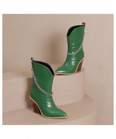 Cowboy Boots For Women Ladies Fashion Leather Metal Chain Decoration Pointed Thick High Heel Short Boots Green $30.71 Boots