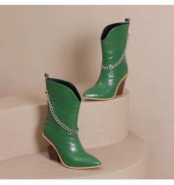 Cowboy Boots For Women Ladies Fashion Leather Metal Chain Decoration Pointed Thick High Heel Short Boots Green $30.71 Boots