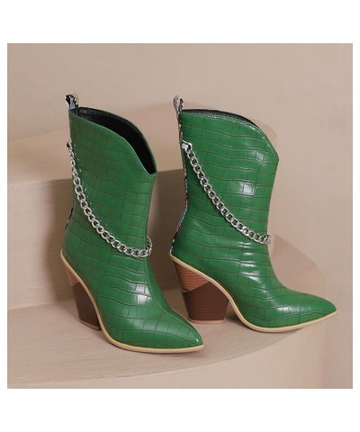 Cowboy Boots For Women Ladies Fashion Leather Metal Chain Decoration Pointed Thick High Heel Short Boots Green $30.71 Boots