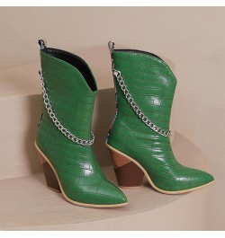 Cowboy Boots For Women Ladies Fashion Leather Metal Chain Decoration Pointed Thick High Heel Short Boots Green $30.71 Boots