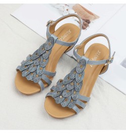 Sandals for Women Slope Heeled Sandals for Women Versatile and Comfortable Casual Shoes with Thick Soles and One Button (Blue...