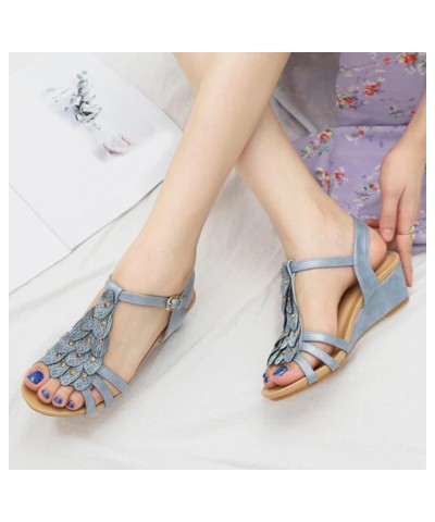 Sandals for Women Slope Heeled Sandals for Women Versatile and Comfortable Casual Shoes with Thick Soles and One Button (Blue...