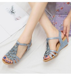 Sandals for Women Slope Heeled Sandals for Women Versatile and Comfortable Casual Shoes with Thick Soles and One Button (Blue...