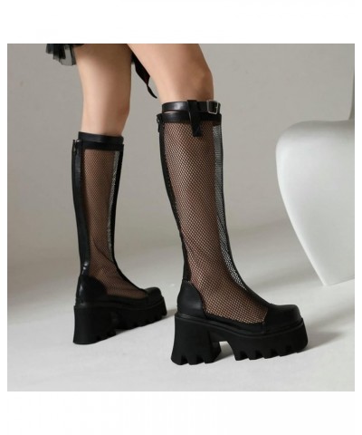 Women Summer Mesh Knee-High Boots,Chunky Heel Platform Sandals Long Boots,Gothic Motorcycle Boots,Ladies Boots Large Size Bla...