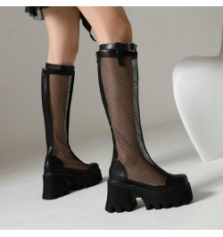 Women Summer Mesh Knee-High Boots,Chunky Heel Platform Sandals Long Boots,Gothic Motorcycle Boots,Ladies Boots Large Size Bla...