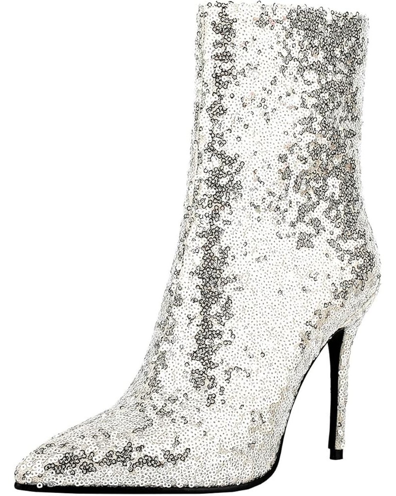 Women Sequin Glitter Boots Pointed Toe Stiletto High Heels Sparkly Wedding Boots Silver $37.44 Boots