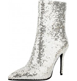 Women Sequin Glitter Boots Pointed Toe Stiletto High Heels Sparkly Wedding Boots Silver $37.44 Boots