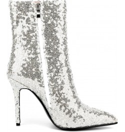 Women Sequin Glitter Boots Pointed Toe Stiletto High Heels Sparkly Wedding Boots Silver $37.44 Boots