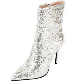 Women Sequin Glitter Boots Pointed Toe Stiletto High Heels Sparkly Wedding Boots Silver $37.44 Boots