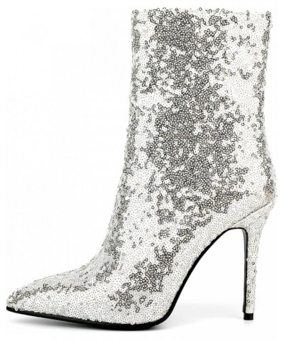 Women Sequin Glitter Boots Pointed Toe Stiletto High Heels Sparkly Wedding Boots Silver $37.44 Boots