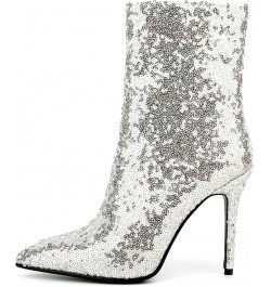 Women Sequin Glitter Boots Pointed Toe Stiletto High Heels Sparkly Wedding Boots Silver $37.44 Boots