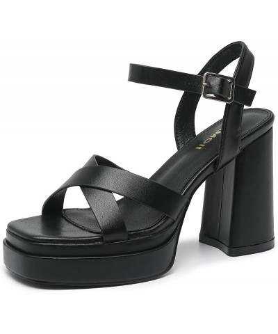 Women's 4 Inch Platform Chunky Heel Cross Straps Block Y2K Heeled Sandals 312 Black $10.08 Sandals