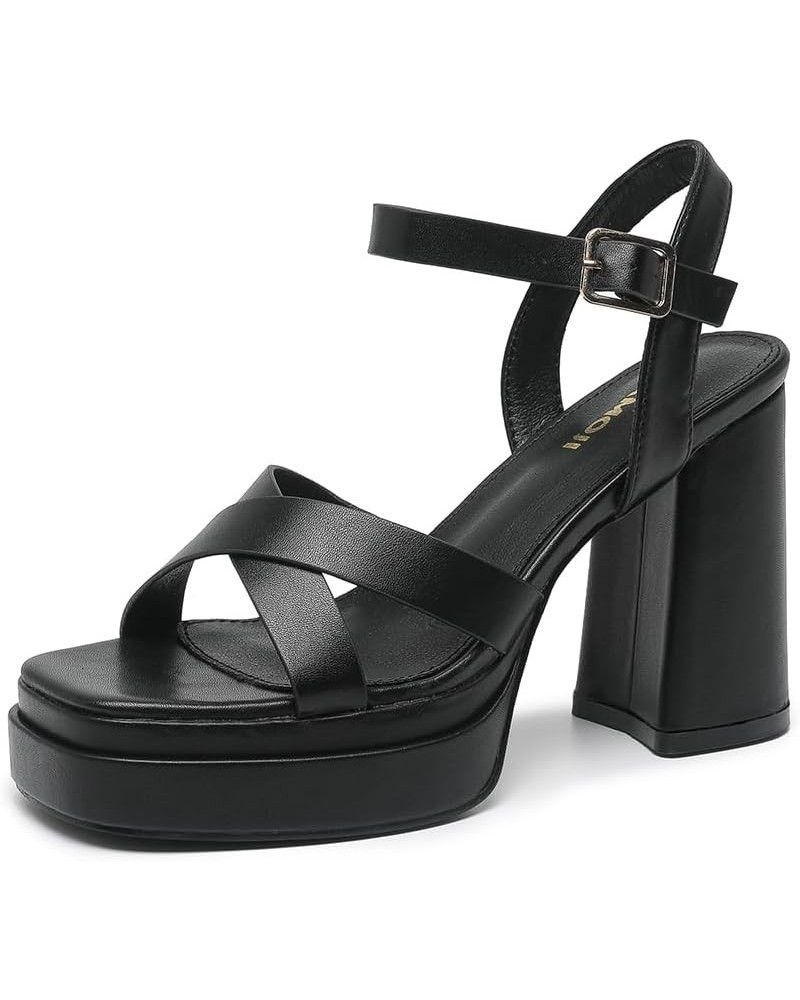 Women's 4 Inch Platform Chunky Heel Cross Straps Block Y2K Heeled Sandals 312 Black $10.08 Sandals