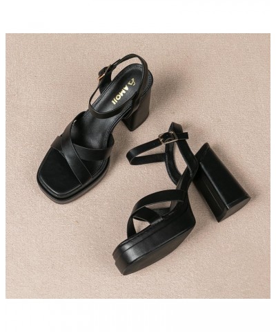 Women's 4 Inch Platform Chunky Heel Cross Straps Block Y2K Heeled Sandals 312 Black $10.08 Sandals