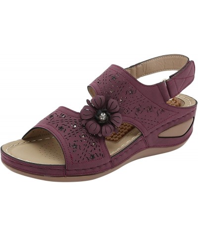 Women Flowers Casual Open Toe Wedges Massage Soft Bottom Breathable Hook Leather Sandals for Women Arch Support Purple $14.71...