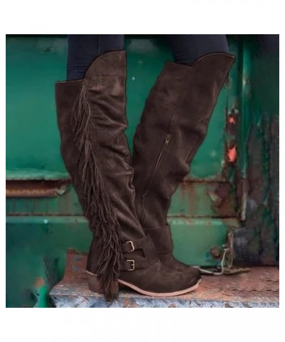 Women's Knee High Boots Retro Western Cowboy Boots with Fringes Leisure Knight Boots with Zipper Suede Overknee Boots Thermal...