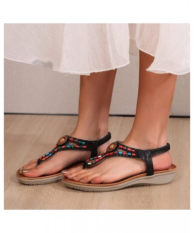 Sandal Slides Women Ladies Summer Fashion Hollow Rhinestone Beaded Round Toe Flat Bottom Summer Slides for Women Sandals Blac...