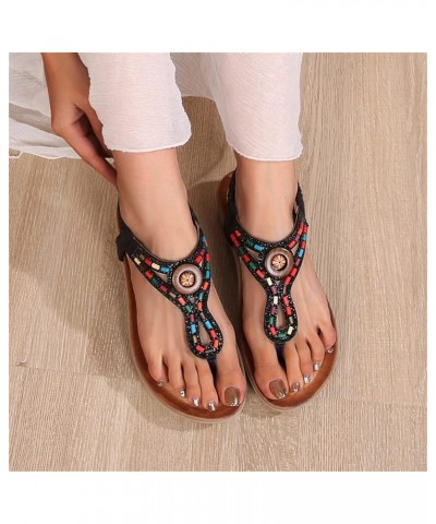 Sandal Slides Women Ladies Summer Fashion Hollow Rhinestone Beaded Round Toe Flat Bottom Summer Slides for Women Sandals Blac...