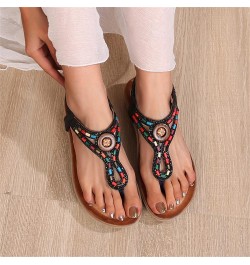 Sandal Slides Women Ladies Summer Fashion Hollow Rhinestone Beaded Round Toe Flat Bottom Summer Slides for Women Sandals Blac...