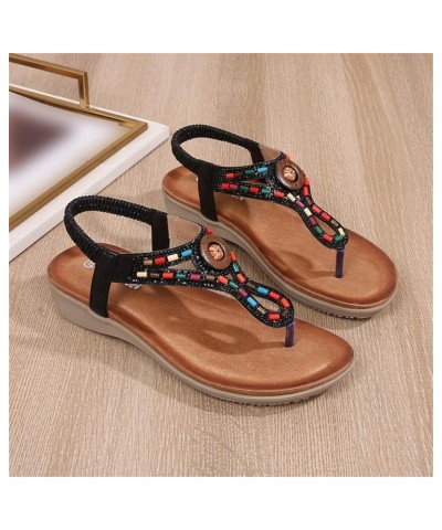 Sandal Slides Women Ladies Summer Fashion Hollow Rhinestone Beaded Round Toe Flat Bottom Summer Slides for Women Sandals Blac...