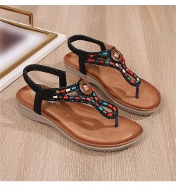 Sandal Slides Women Ladies Summer Fashion Hollow Rhinestone Beaded Round Toe Flat Bottom Summer Slides for Women Sandals Blac...