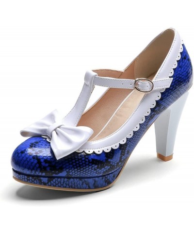 Womens High Heels Mary Janes Classic Serpentine Round Toe Working Shoes Sexy Bowknot T-Strap Pumps Serpentine Blue $29.53 Pumps