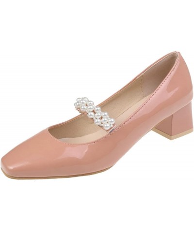 Patent Leather Pump Shoe for Womens Wedding Square Toe Put On High-Heeled Girl All-Match Mary Jane Pumps Pink $24.29 Pumps