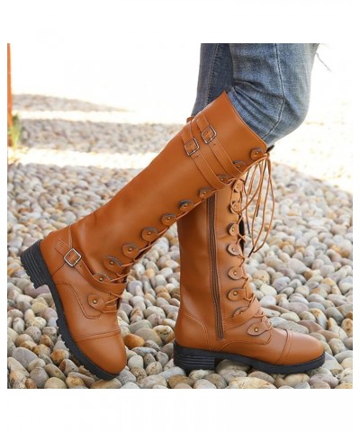 Women Leather Knee High Boots Lace Up Wide Boots Women Casual Comfortable Low Heeled Round Toe Knee High Riding Boots C6-brow...