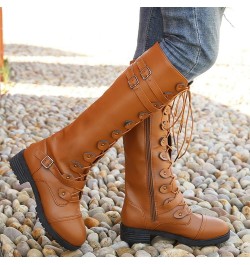 Women Leather Knee High Boots Lace Up Wide Boots Women Casual Comfortable Low Heeled Round Toe Knee High Riding Boots C6-brow...