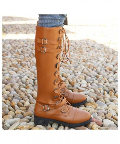 Women Leather Knee High Boots Lace Up Wide Boots Women Casual Comfortable Low Heeled Round Toe Knee High Riding Boots C6-brow...