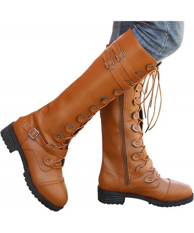 Women Leather Knee High Boots Lace Up Wide Boots Women Casual Comfortable Low Heeled Round Toe Knee High Riding Boots C6-brow...