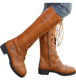 Women Leather Knee High Boots Lace Up Wide Boots Women Casual Comfortable Low Heeled Round Toe Knee High Riding Boots C6-brow...