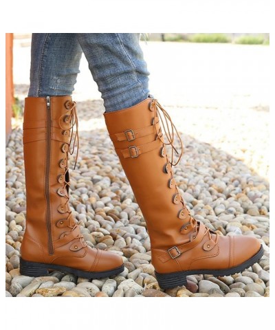 Women Leather Knee High Boots Lace Up Wide Boots Women Casual Comfortable Low Heeled Round Toe Knee High Riding Boots C6-brow...