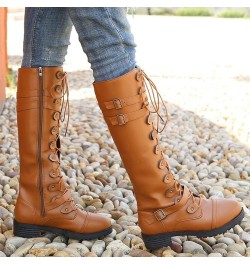 Women Leather Knee High Boots Lace Up Wide Boots Women Casual Comfortable Low Heeled Round Toe Knee High Riding Boots C6-brow...