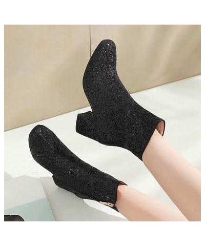 Women's 2023 New Side Zipper Solid Thick Heel Sequins Short Boots Platform Wedge Boots for Women (Black, 8.5) Black 7.5 $35.5...