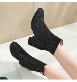 Women's 2023 New Side Zipper Solid Thick Heel Sequins Short Boots Platform Wedge Boots for Women (Black, 8.5) Black 7.5 $35.5...