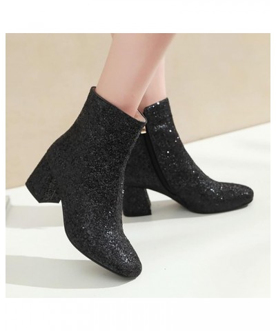 Women's 2023 New Side Zipper Solid Thick Heel Sequins Short Boots Platform Wedge Boots for Women (Black, 8.5) Black 7.5 $35.5...