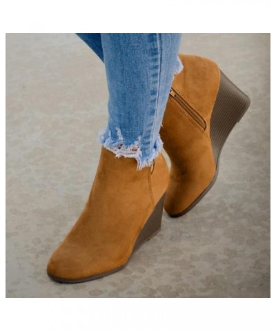 Women's Low Wedge Heel Booties Side Zipper Suede Boots Chelsea Dress Ankle Booties Thick Heel Round Toe Shoes 001abrown $16.4...